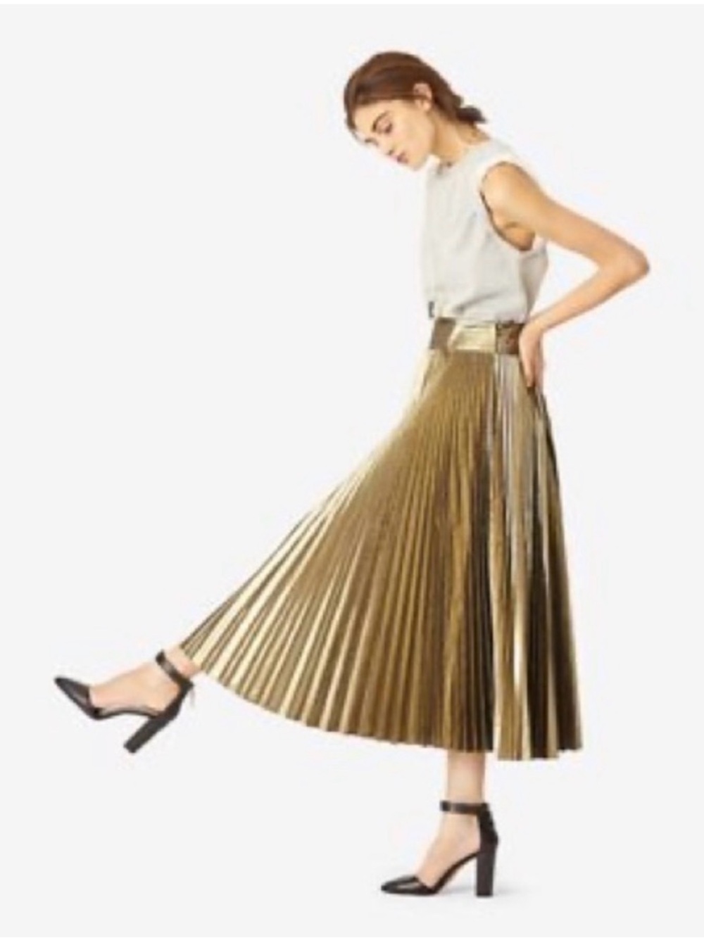 SATURDAY KATE SPADE Lightbeam Pleated Skirt Metallic Gold Midi Skirt - Picture 2 of 8